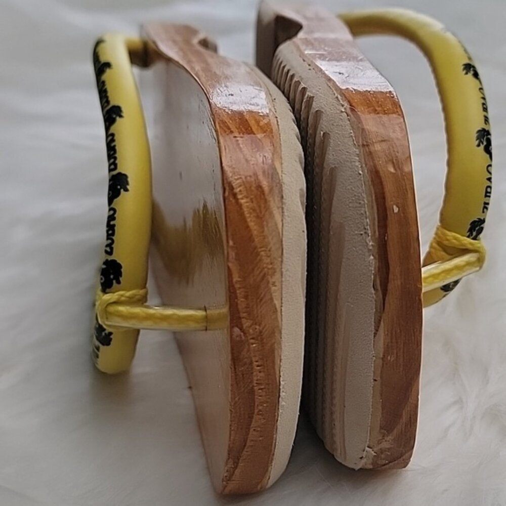 ZUBAO Geisha Japanese Style Wood Open Toe Slip On Yellow Thong Flip Flop Sandals - Picture 9 of 16